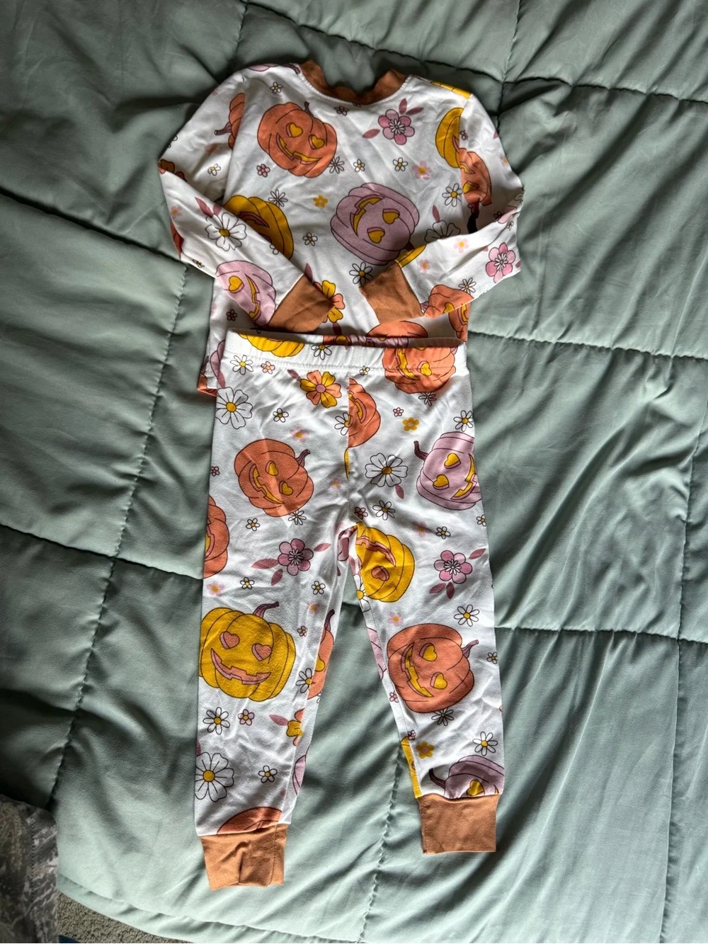 Tahari Girl Pumpkin Floral Pajama Set - White, Orange & Pink